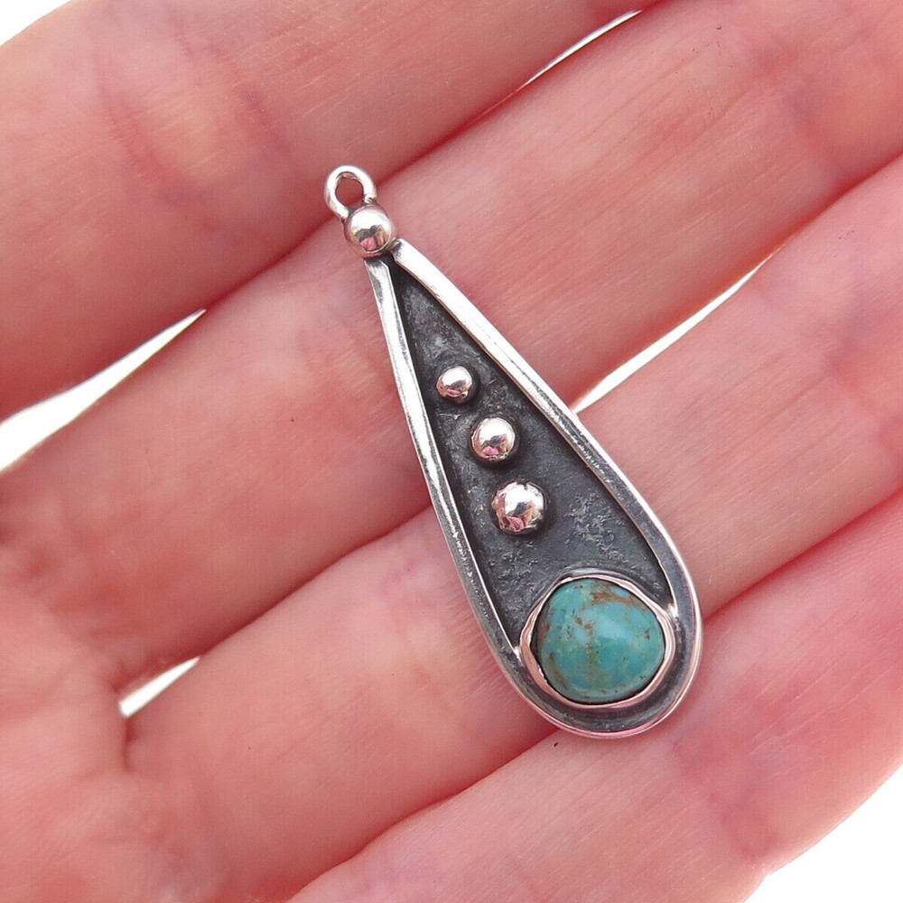 Old Pawn 925 Sterling Silver Vintage Turquoise Teardrop Tribal Charm Pendant